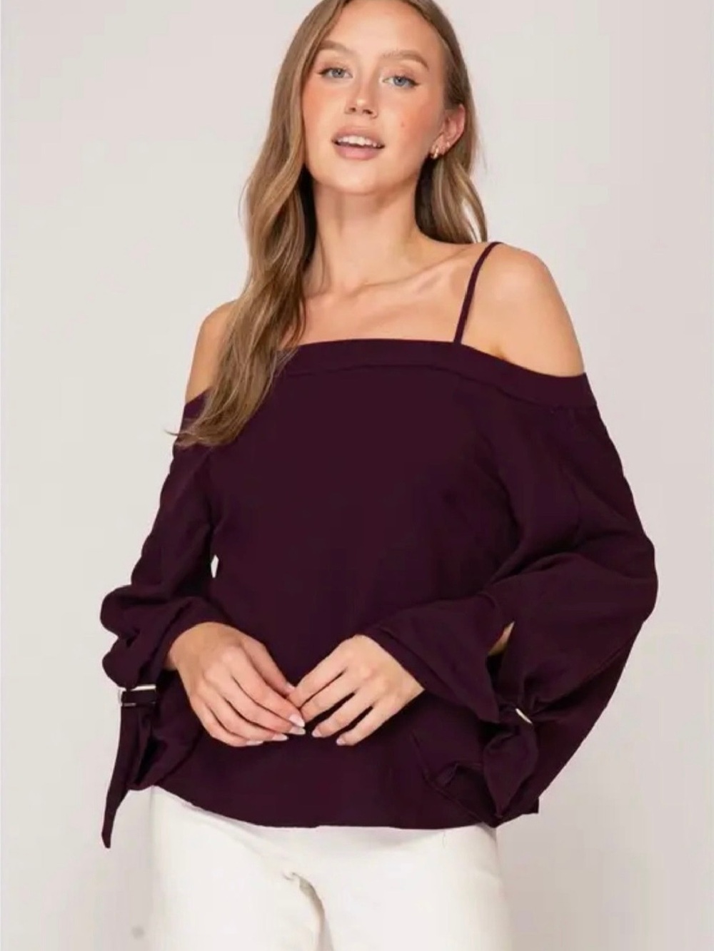 023. Plum Off-the-Shoulder Buckle Sleeve Blouse